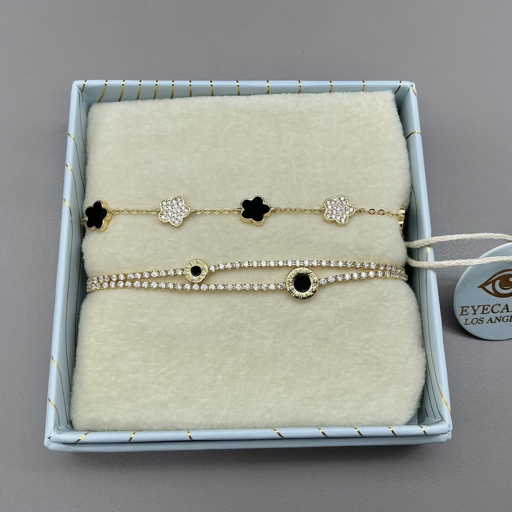 Eyecandy‎ Los Angeles Bracelet Set Of 2 Gold Tone Black Enamel Flower Tennis